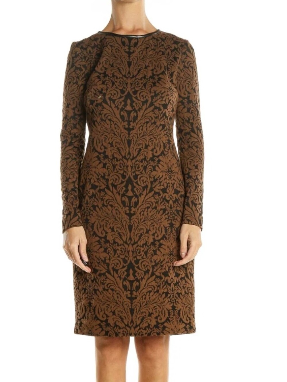 Vince Camuto Long Sleeve Jacquared Sheath Dress Faux Leather Accent - Size 8